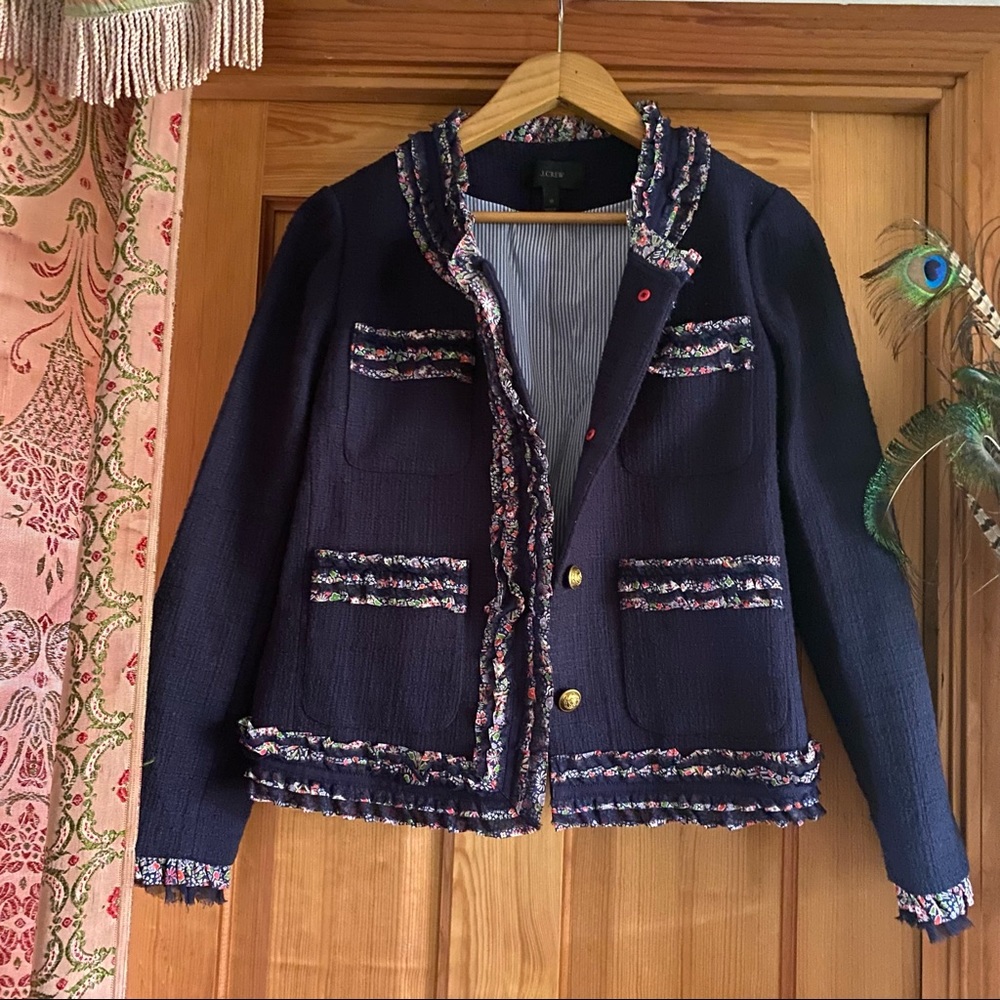 J. Crew Navy Bouclé Blazer with Multicolor Tweed Trim